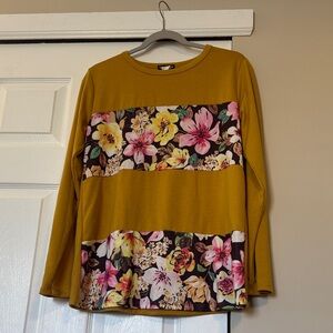 Mustard Yellow Floral Panel Long Sleeve Top